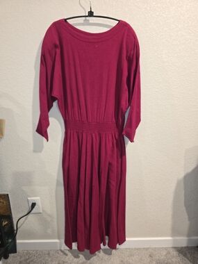 Vintage New Hero Magenta Pink Smocked Waist Midi Dress Made in USA - Size Small